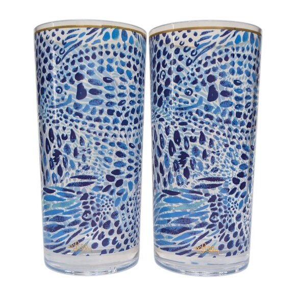 Lilly Pulitzer Drinking Cups LOT OF 2 Blue Plastic Iced Tea Glasses Gold Trim - Picture 1 of 10